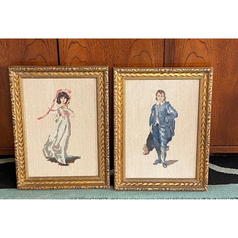 Blue Boy & Pinkie Framed Needlepoint EXQUISITE WORK, Nicely Framed 12" x 16"